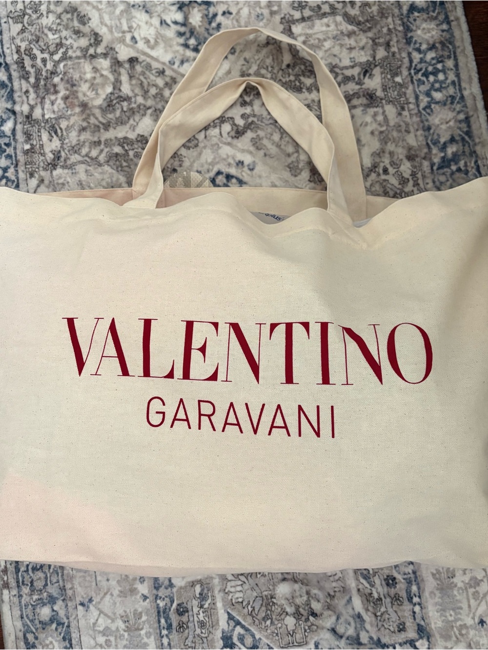 Valentino Garavani Cream Canvas Tote with Red Logo Print